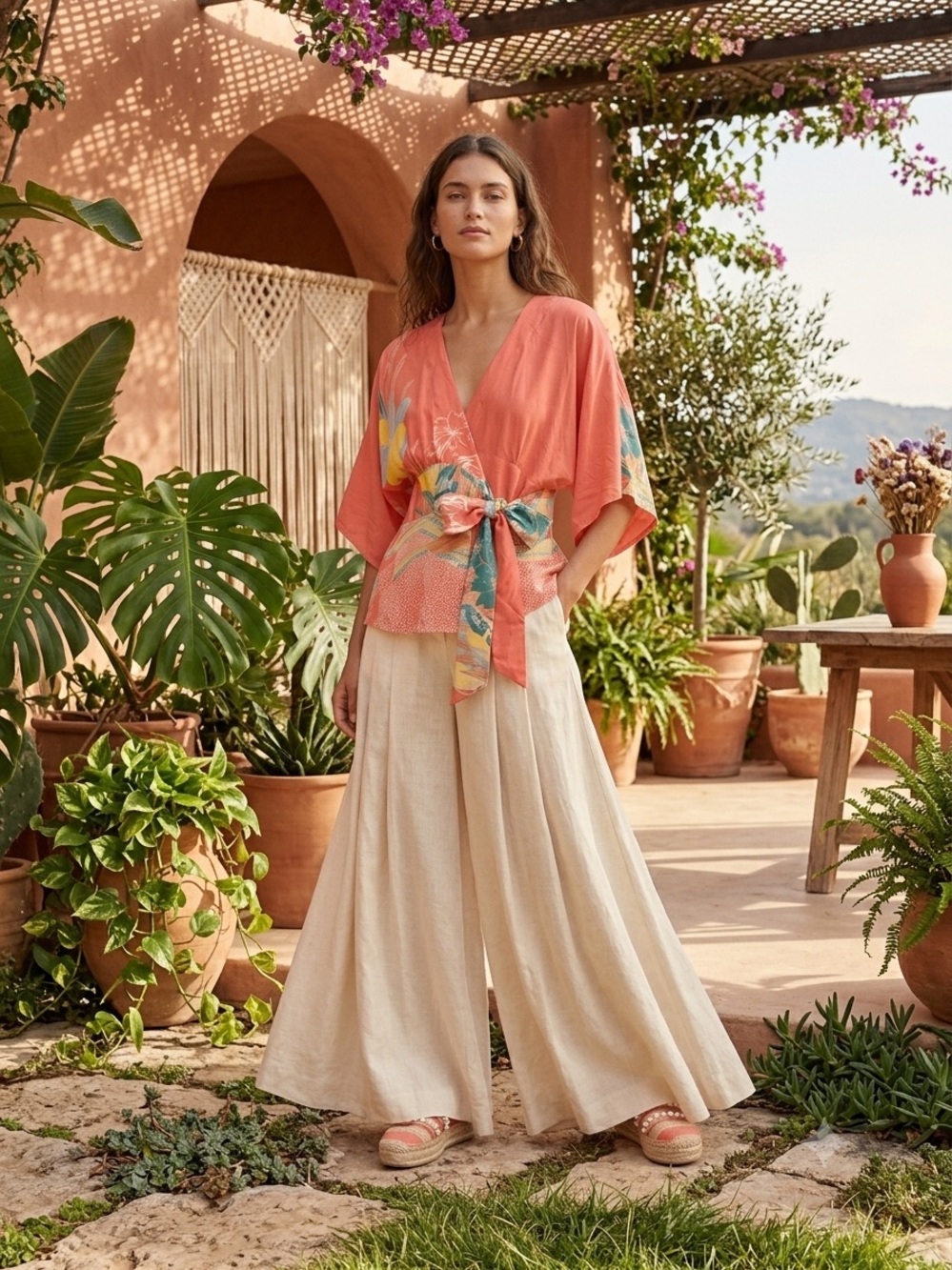 Tibi Coral and Teal Floral-Accented Wrap Silk Top
